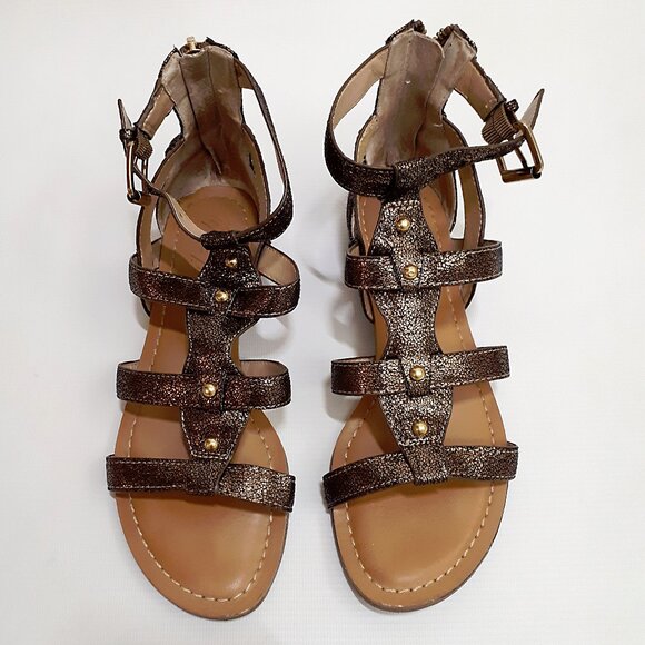 MARC FISHER Gladiator Sandals in Metallic Bronze Glitter with Gold Hardware - Picture 6 of 12